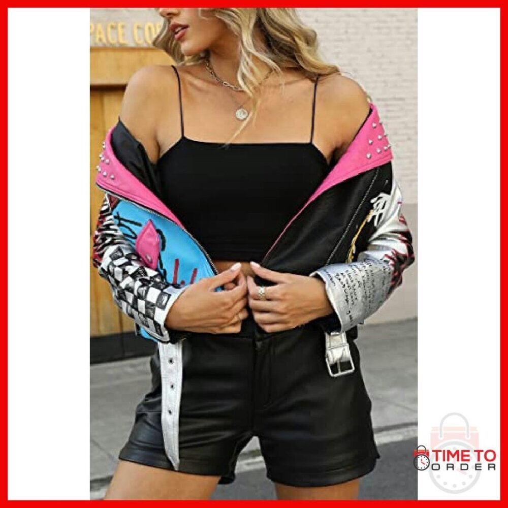 Faux Leather Moto Jacket Studded Floral Biker Coat Women's Size - Picture 6 of 8